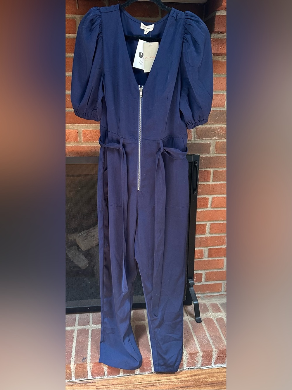 ee:some Navy Tie-Waist Jumpsuit with Puff Sleeves